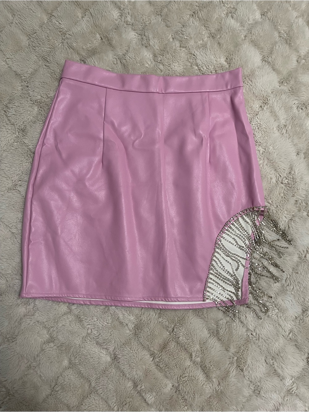 Bear Dance Pink Faux Leather Mini Skirt with Beaded Fringe Accent